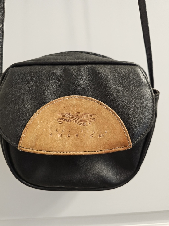 Perry Ellis Handbags - Perry Ellis Black Crossbody with Tan Patch Detail